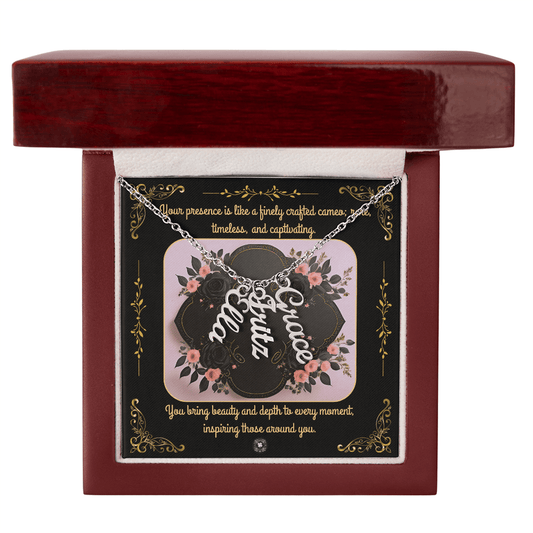 Vertical Name Necklace: Cameo Jewelry 3 Names Polished Stainless Steel Mahogany Style Luxury Box with LED The Sterling Clover & Co.