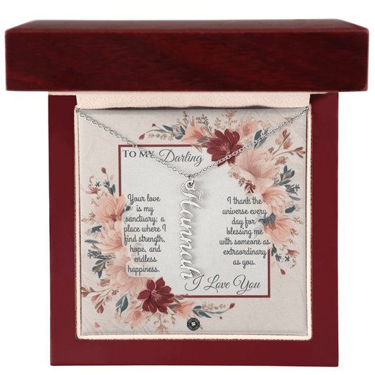 Vertical Name Necklace: Darling Jewelry 1 Name Polished Stainless Steel Mahogany Style Luxury Box with LED The Sterling Clover & Co.