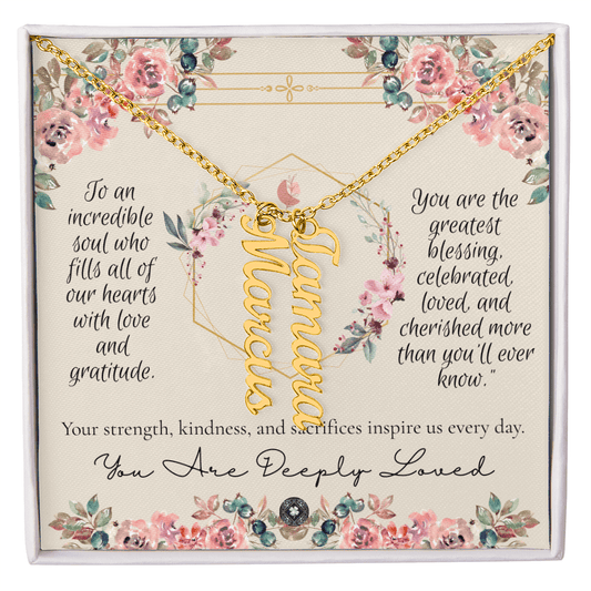 Vertical Name Necklace: Forever Jewelry 2 Names 18K Yellow Gold Finish Two Tone Box The Sterling Clover & Co.