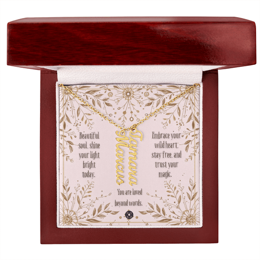 Vertical Name Necklace: Free Spirit Jewelry 2 Names 18K Yellow Gold Finish Mahogany Style Luxury Box with LED The Sterling Clover & Co.
