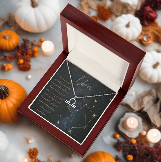 Zodiac Symbol Necklace: Libra Jewelry Silver Stainless Steel Mahogany Style Luxury Box with LED Libra The Sterling Clover & Co.